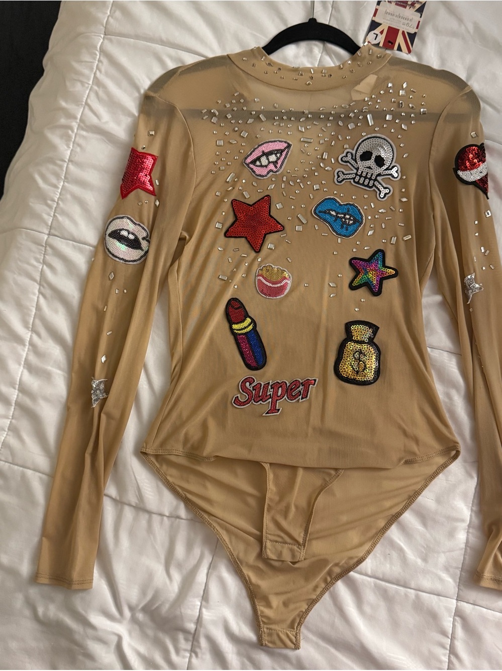Beige Long-Sleeve One-Piece sheer Bodysuit with Colorful Patchwork